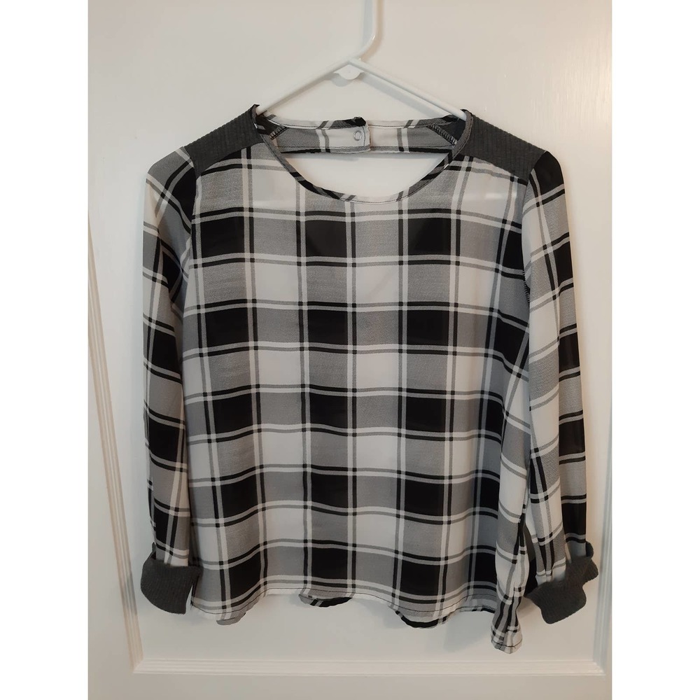 Sadie Robertson Wild Blue Size M Sheer Black & White Plaid Blouse